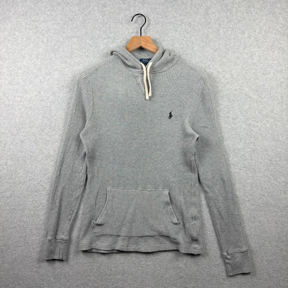 Polo Ralph Lauren Hoodie Mens Small Gray Heather Waffle Knit Thermal Pullover
